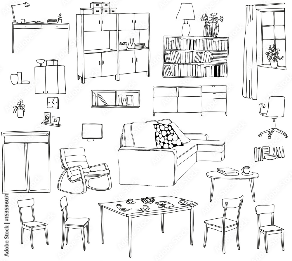 A set of hand-drawn illustrations of furniture. Black and white vector sketch