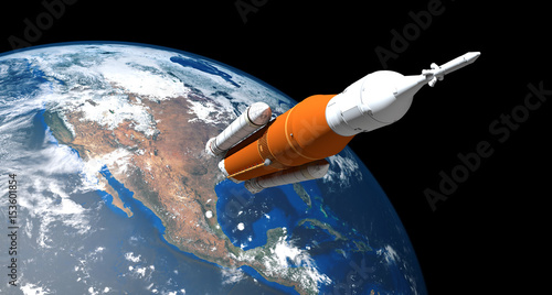 Fototapeta Naklejka Na Ścianę i Meble -  Extremely detailed and realistic high resolution 3d image of a Space Launch System Rocket. Shot from space. Elements of this image are furnished by Nasa.