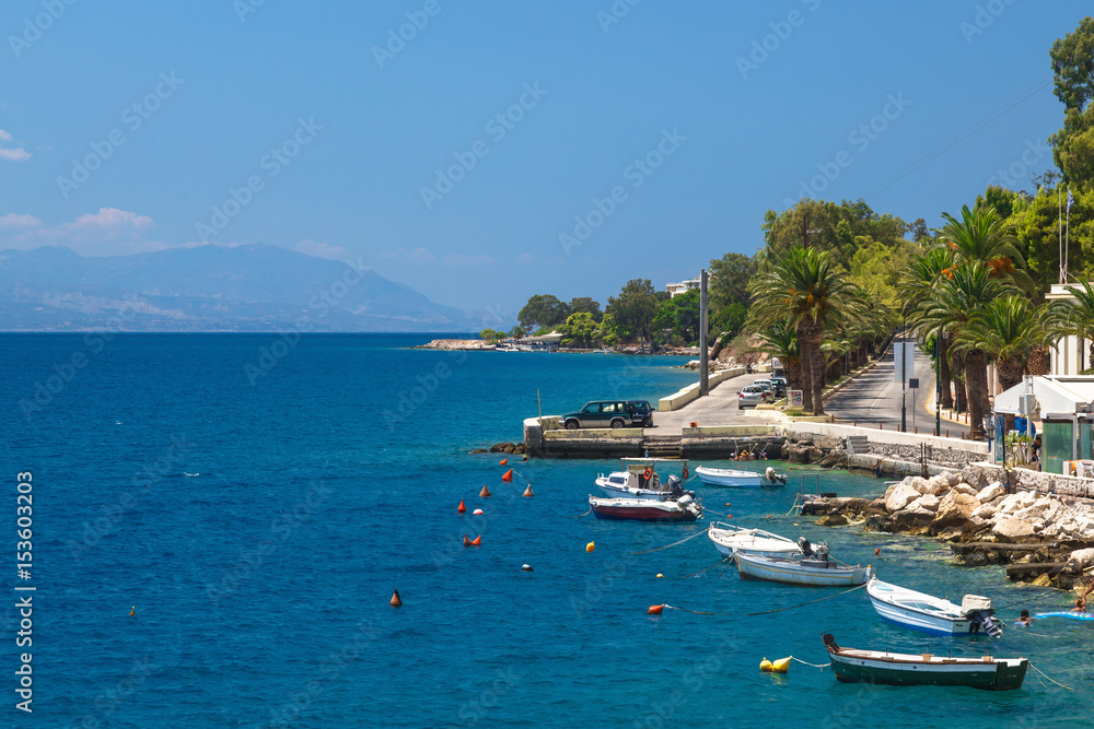Fishing boats at the coast of Greece in Loutraki