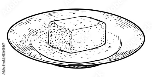 Butter on plate illustration, drawing, engraving, ink, line art, vector