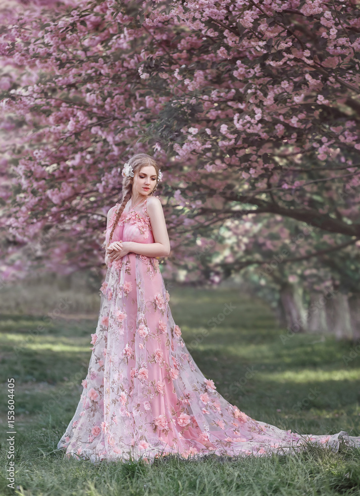 A young princess walks in a blooming garden. Girl in a luxurious pink dress with a train. Fashionable toning.