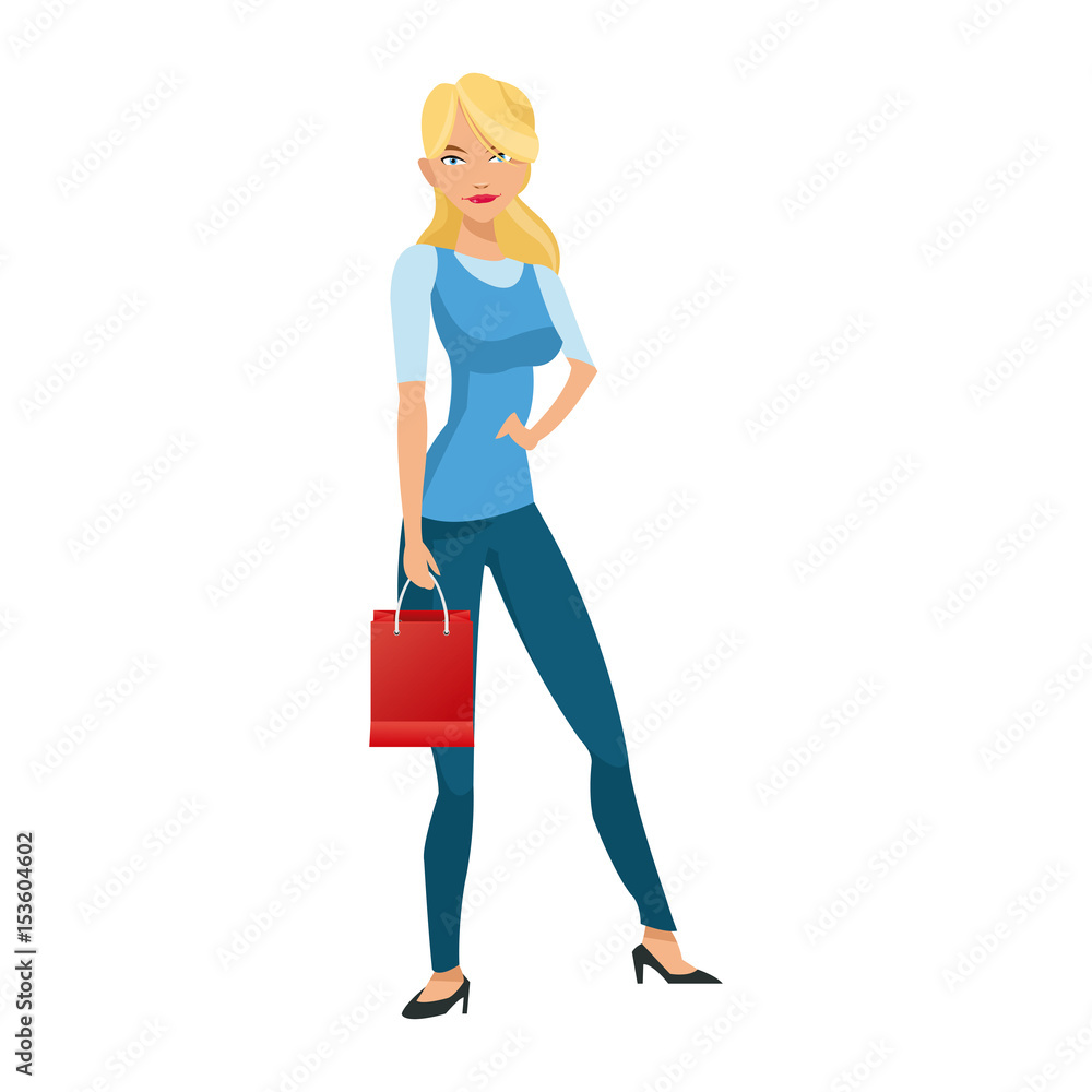 beauty woman standing red gift bag shopping concept vector illustration beauty woman standing red gift bag shopping concept vector illustration