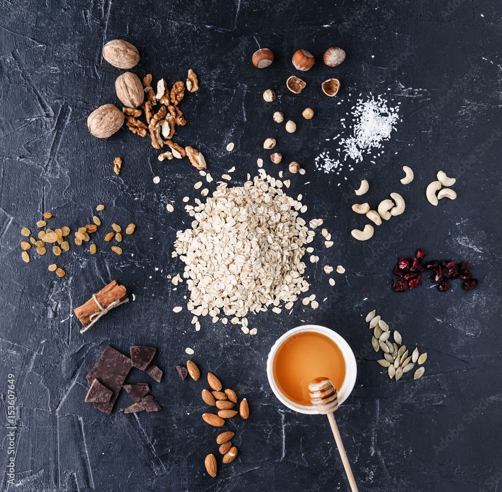 Ingredients for delicious and healthy eko granola - obrazy, fototapety, plakaty 