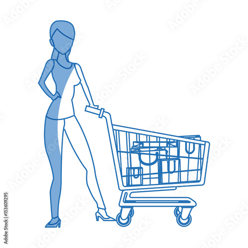 silhouette woman cart shopping bag commerce vector illustration