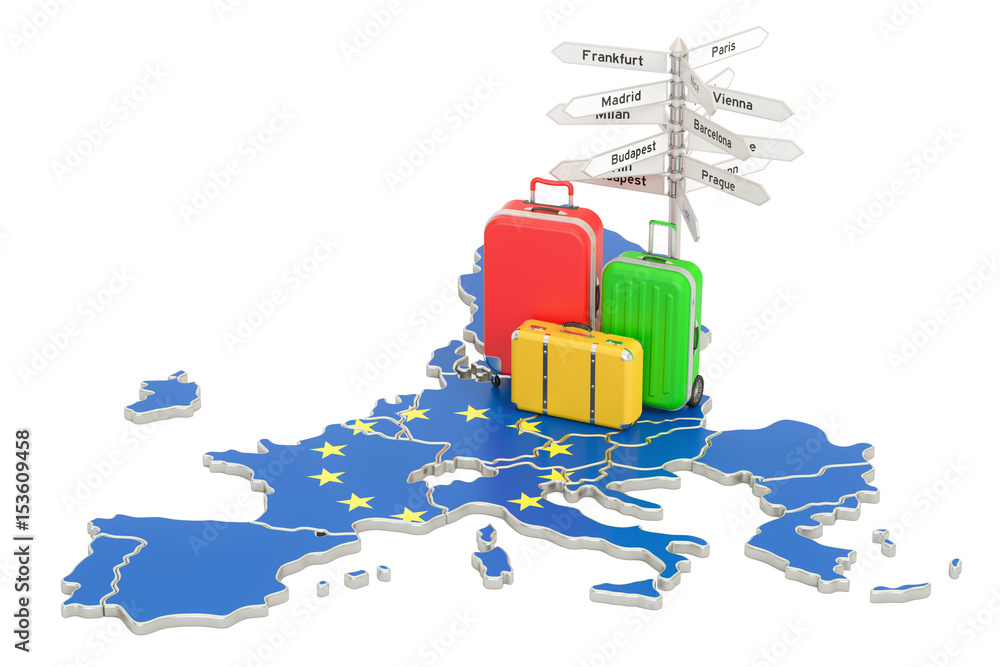 Fototapeta EU travel concept. European Union flag on map with suitcases and signpost, 3D rendering