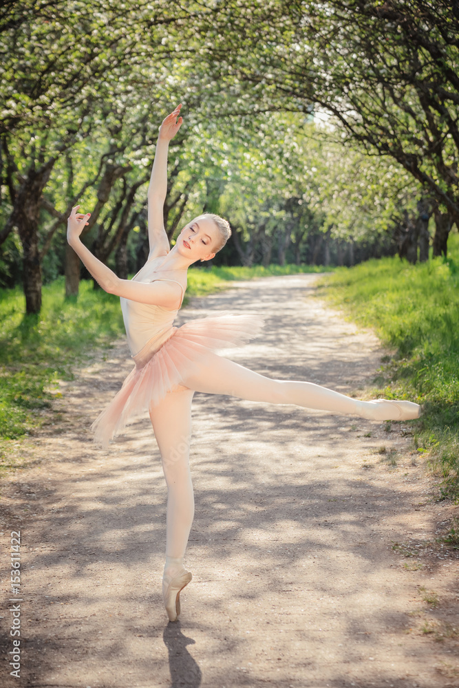 Young ballet dancer showing classic ballet poses outdoors at sun