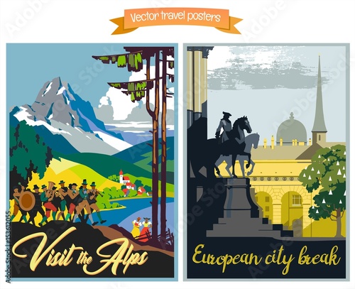 Travel poster vectors illustrations with vintage european holiday destinations