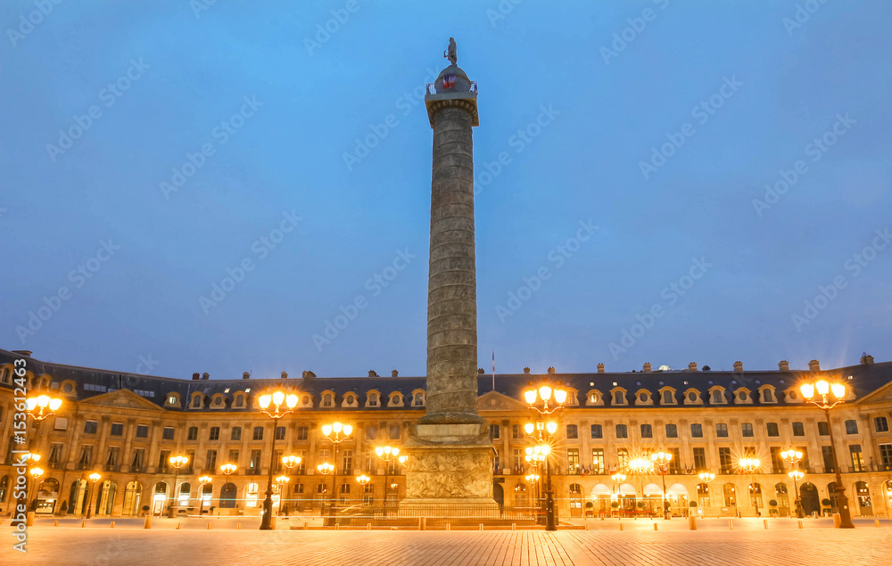 The famous Vendome column at night, Paris, France.