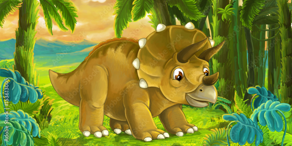 Fototapeta sceny kreskówki z triceratops dinozaurów uśmiechając się i patrząc