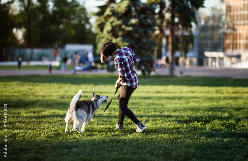 Beautiful young woman is walking with a husky dog with heterochromia Beautiful young woman is walking with a husky dog with heterochromia