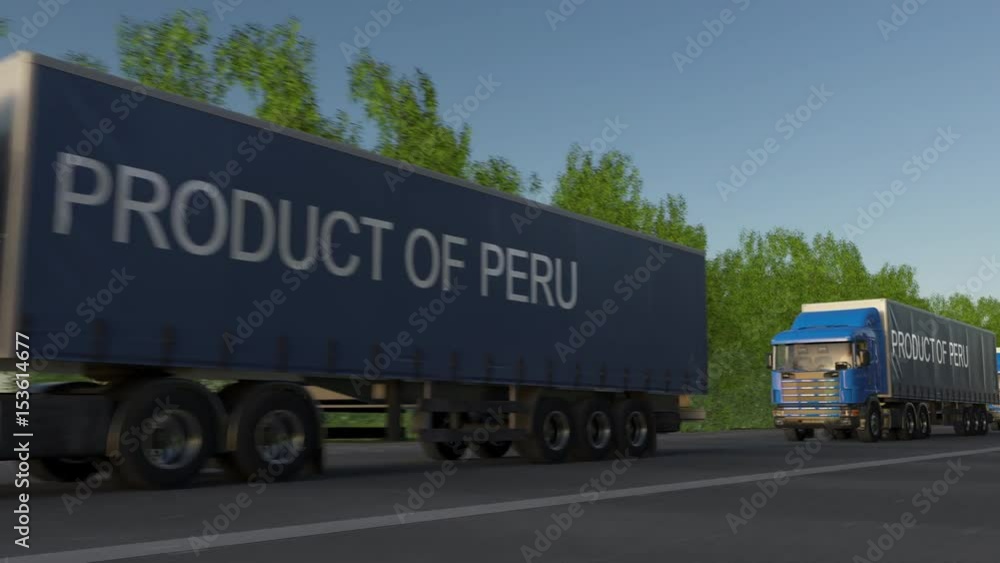 Moving freight semi trucks with PRODUCT OF PERU caption on the trailer. Road cargo transportation. Seamless loop 4K clip Moving freight semi trucks with PRODUCT OF PERU caption on the trailer. Road cargo transportation. Seamless loop 4K clip