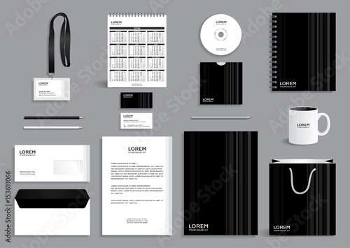Black corporate identity design template with gray stripes