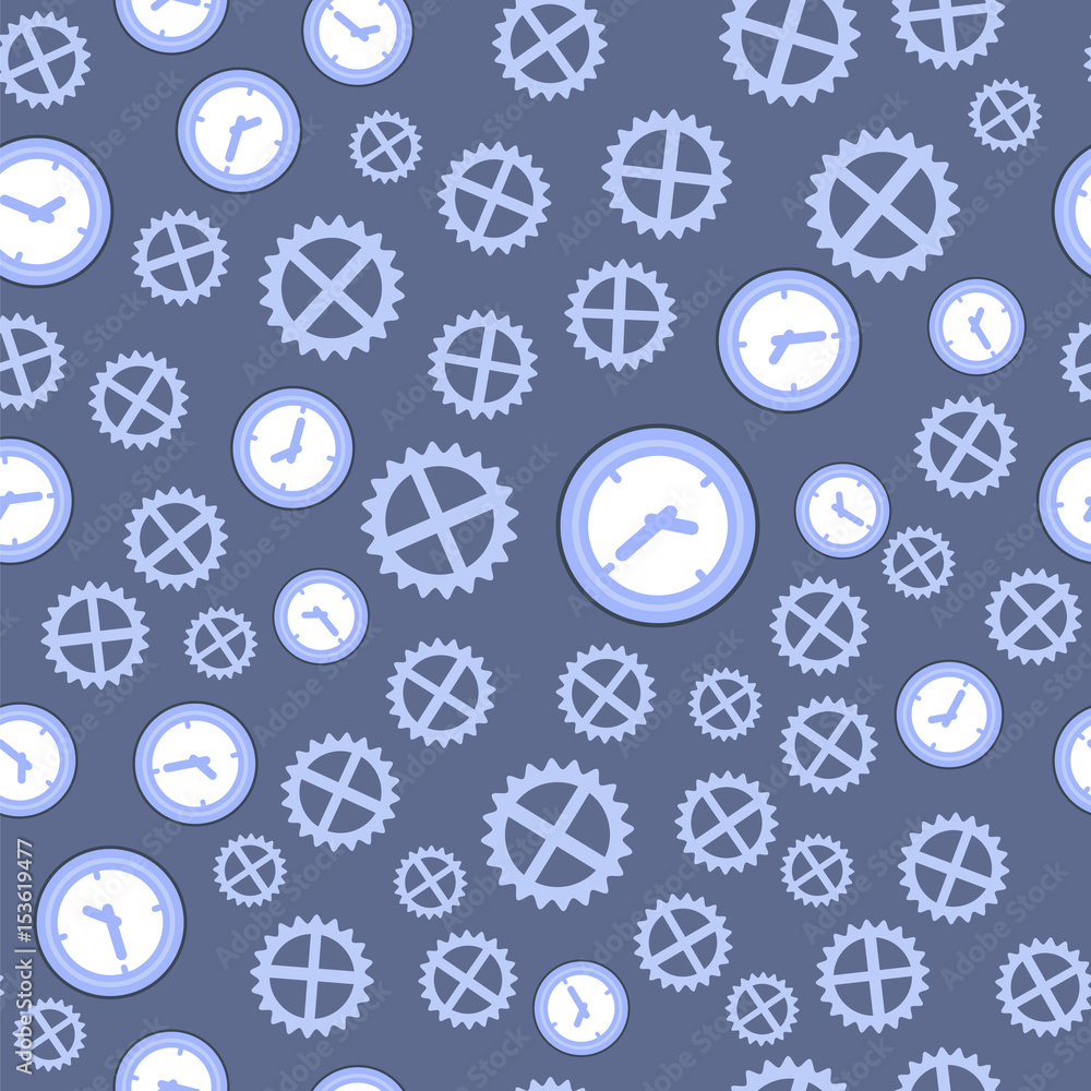 Clock and Gear Seamless Pattern Isolated on Blue Background