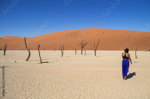 Woman Walking in a Desert Landscape with Dunes and Dead Trees, Sossusvlei Salt Pan, Namibia
