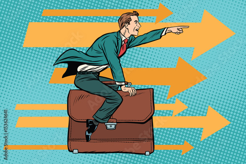businessman flying on a leather business briefcase
