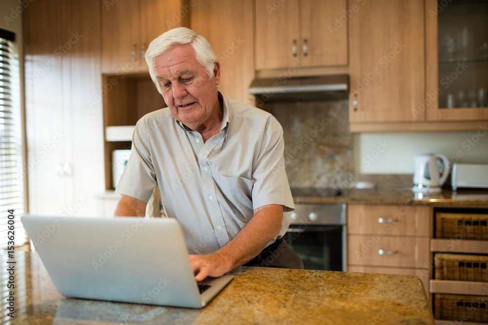 Senior man using laptop in the kitchen Senior man using laptop in the kitchen