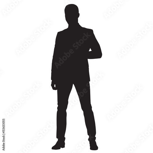 Business man in suit with his legs crooked, front view vector silhouette