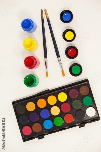 Paint brushes, watercolor paints and watercolor palette