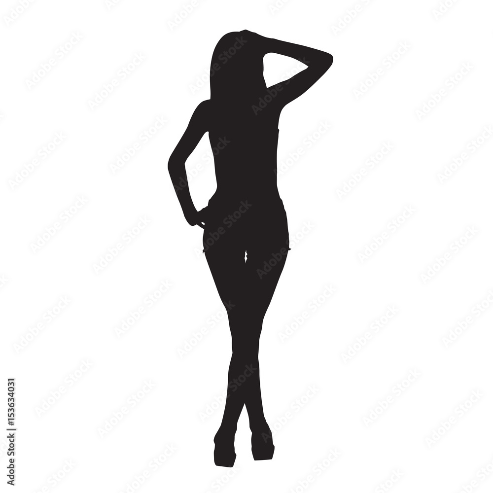 Sexy slim woman in shirt and shorts, vector silhouette, hand in hair Sexy slim woman in shirt and shorts, vector silhouette, hand in hair