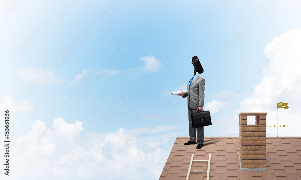 Concept of home security and privacy protection with camera headed man Concept of home security and privacy protection with camera headed man