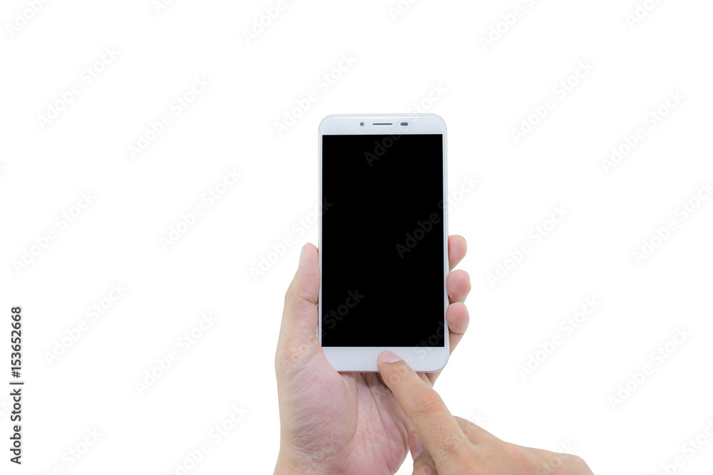 hand holding white phone isolated on white background - clipping path. hand holding white phone isolated on white background - clipping path.