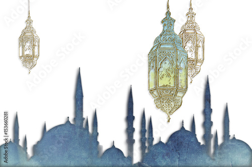 Ramadan Kareem Eid Mubarak muslim islamic holiday background with eid lanterns or lamps
