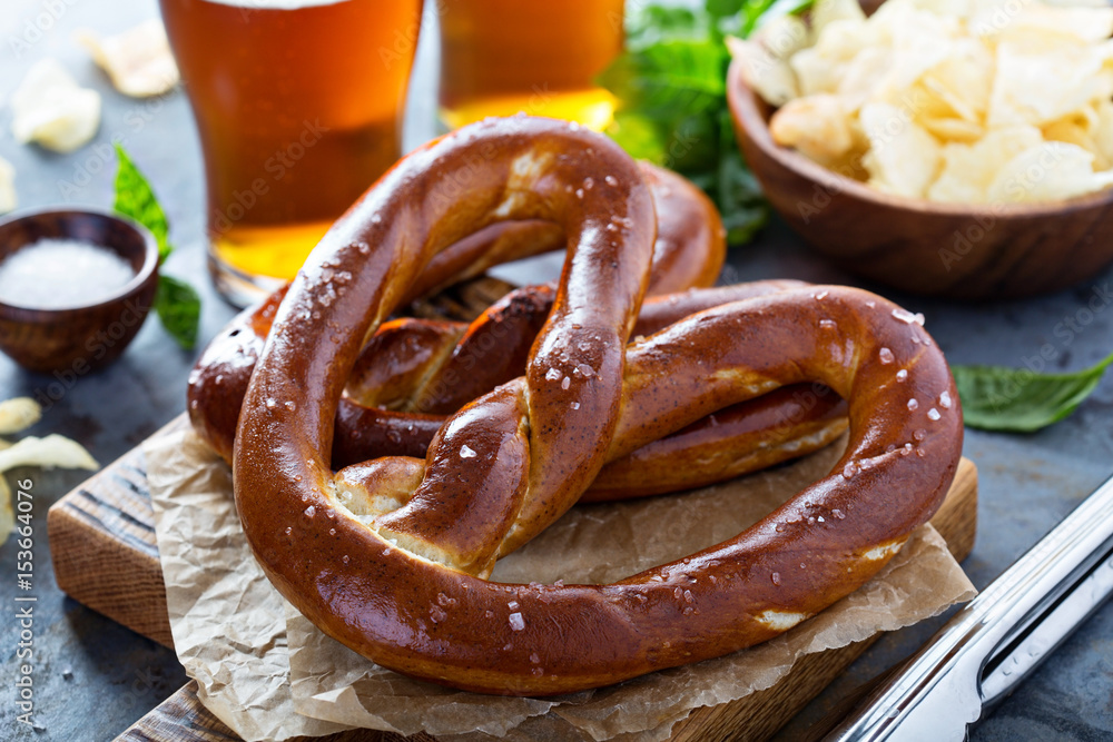 Freshly baked pretzels with beer