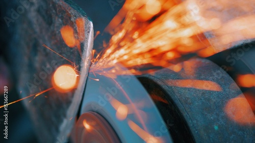 Valokuva A man sharpens an ax on a machine with sparks.
