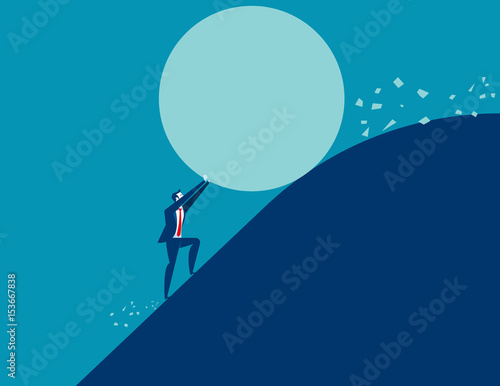 Businessman stopping a giant rolling rock. Concept business vector illustration.