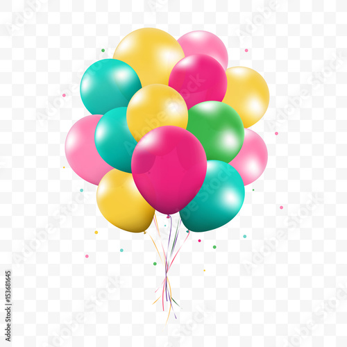 3d Realistic Colorful Bunch of Birthday Balloons Flying for Party and Celebrations With Space for Message Isolated in White Background. Vector Illustration
