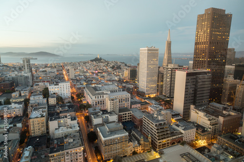 Aerial View of San Francisco Financial District and San Francisco Bay as seen from Nob Hill Neighborhood. photo