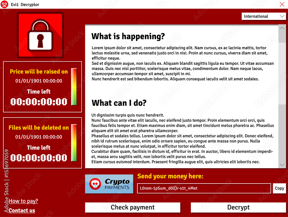 Obraz premium Cryptolocker virus interface window showing infected data deleting timer
