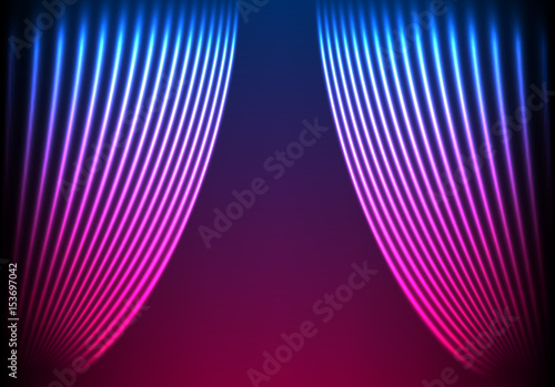 Drapery futuristic background with 80s style neon lines. Welcoming drapes for cover or party invitation made in new retro wave trend. Stage abstract.