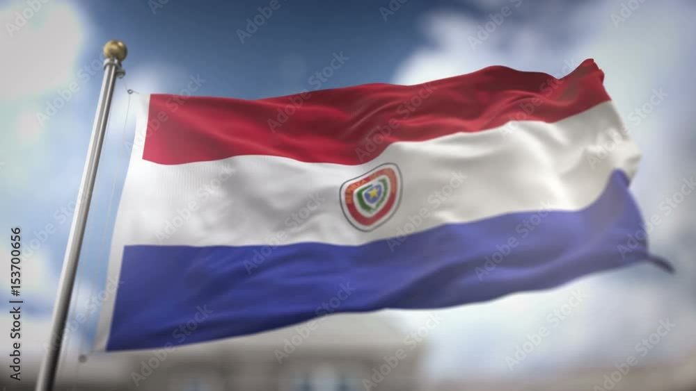 Paraguay Flag Waving Slow Motion 3D Rendering Blue Sky Background - Seamless Loop 4K