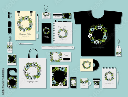 Corporate flat mock-up template, floral wreath design