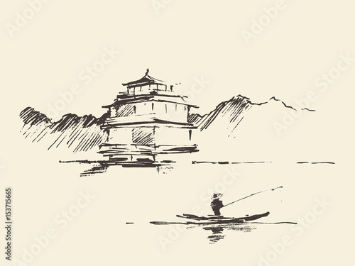 Oriental landscape pagoda lake drawn vector sketch