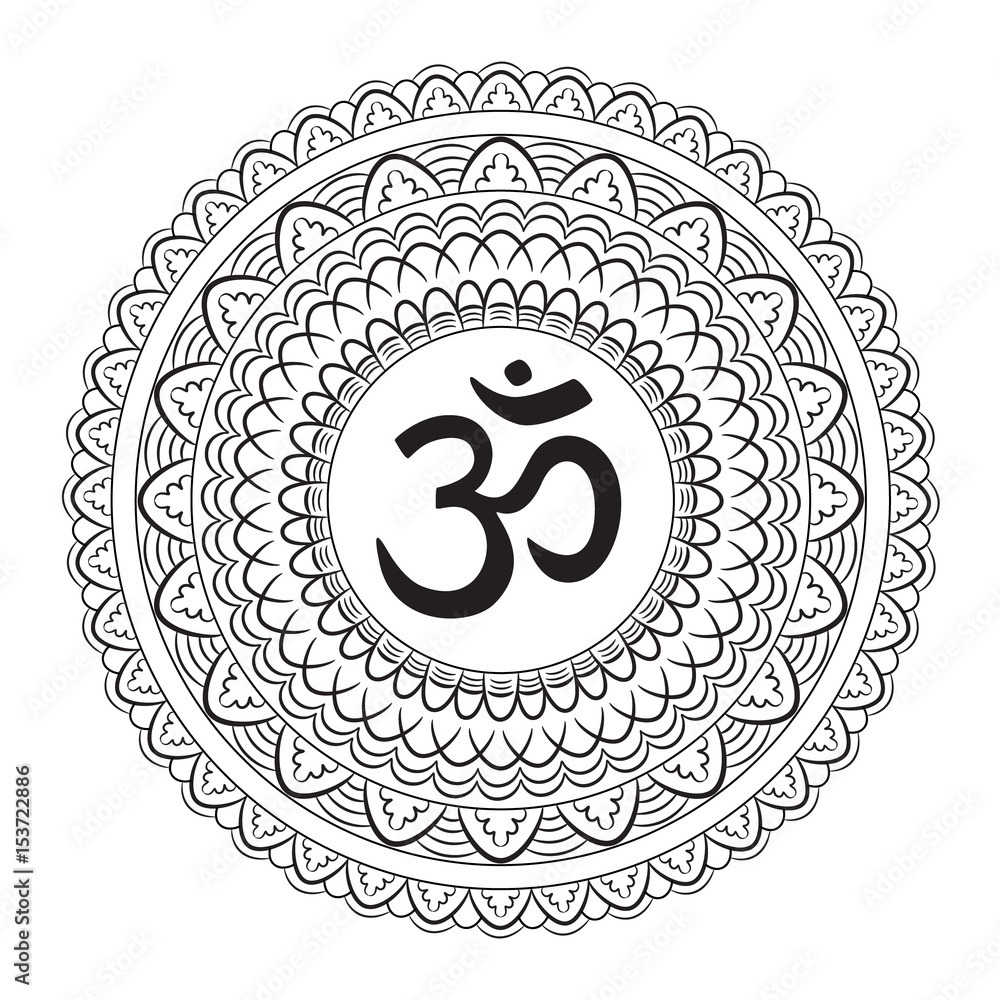 Om symbol with hand drawn mandala. Oriental decorative ornament can be used for greeting card, wedding invitation, yoga poster, coloring book. Om symbol with hand drawn mandala. Oriental decorative ornament can be used for greeting card, wedding invitation, yoga poster, coloring book.