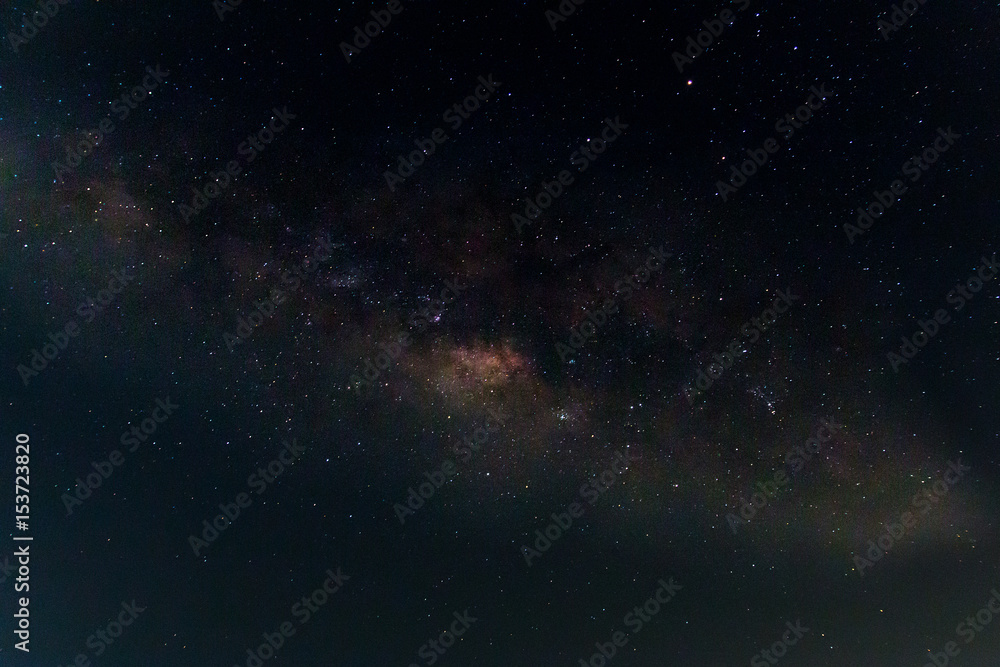 Milky Way galaxy, Long exposure photograph, with grain.Image contain certain grain or noise and soft focus.