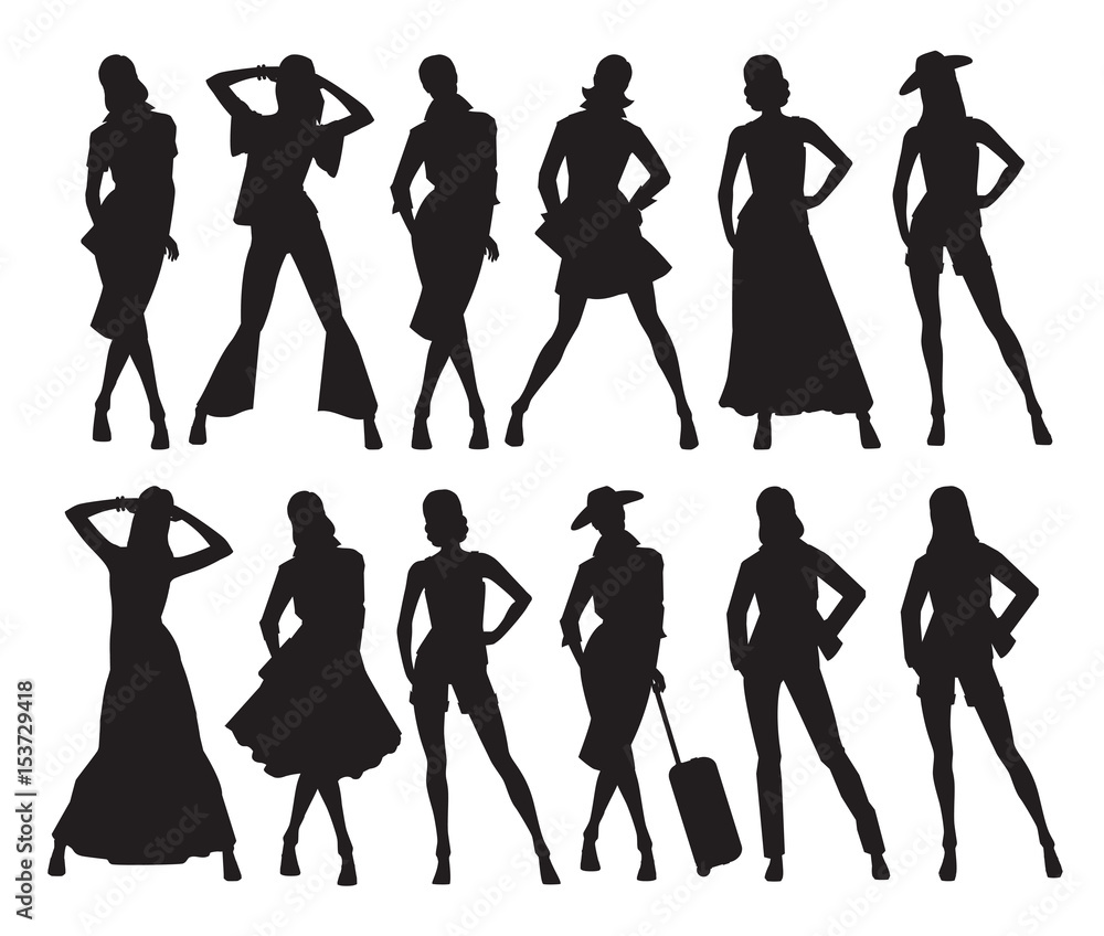 Vector illustration of woman's silhouettes in different pose and clothes on white background Vector illustration of woman's silhouettes in different pose and clothes on white background