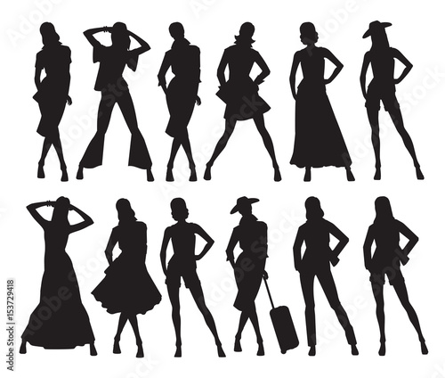 Vector illustration of woman's silhouettes in different pose and clothes on white background
