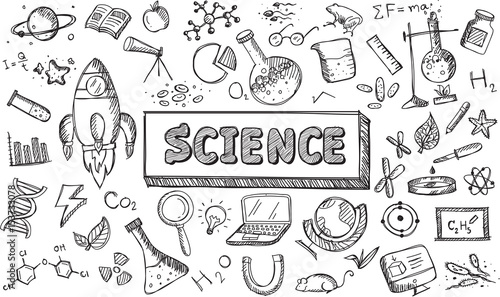 Black and white sketch science chemistry physics biology and astronomy education subject doodle icon. Doodle for presentation or school education promotion in fundamental science concept (vector)