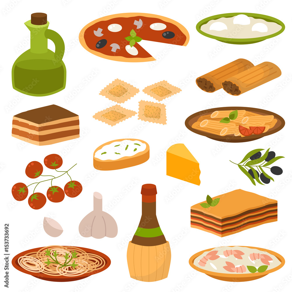 Cartoon Italy food cuisine delicious homemade cooking fresh traditional  Italian lunch vector illustration. Stock Vector | Adobe Stock