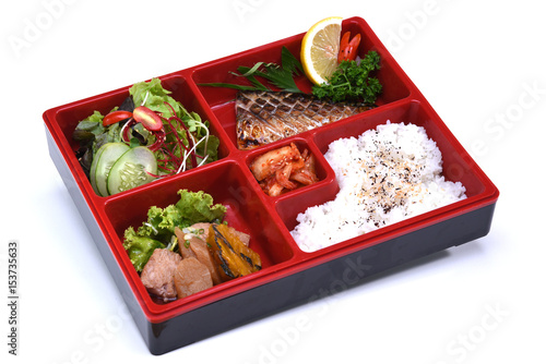 Saba Bento Set , Lunch box of Grilled Saba fish isolated on white background