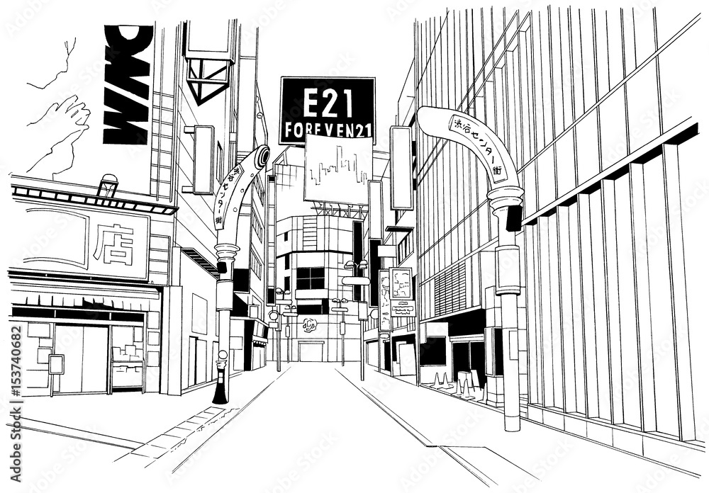 漫画風ペン画イラスト 繁華街 Stock Illustration Adobe Stock