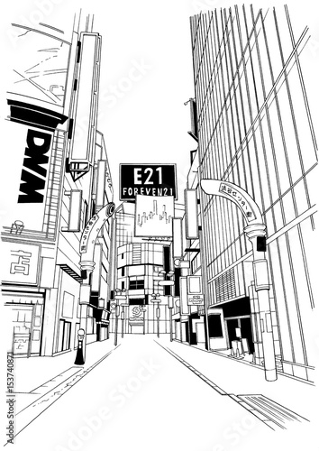 漫画風ペン画イラスト 繁華街 Stock Illustration Adobe Stock