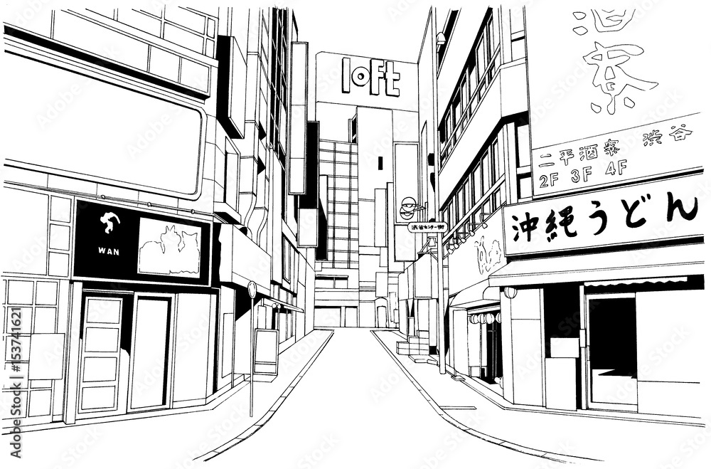 漫画風ペン画イラスト 繁華街 Stock Illustration Adobe Stock