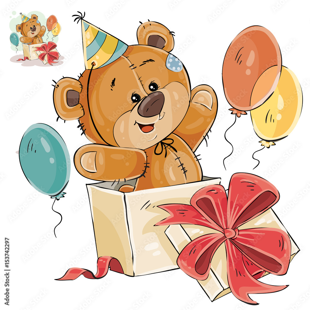 Vector illustration of a brown teddy bear peeking out of a gift box ...