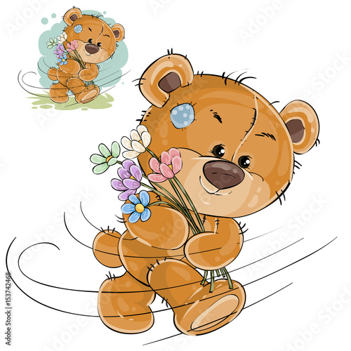 Vector illustration of a brown teddy bear carries a bouquet of flowers, hurries to congratulate. Print, template, design element