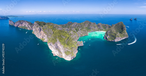 Panorama Top View Tropical Island , Aerial view of Maya bay ,Phi-Phi Islands, Krabi, Thailand.