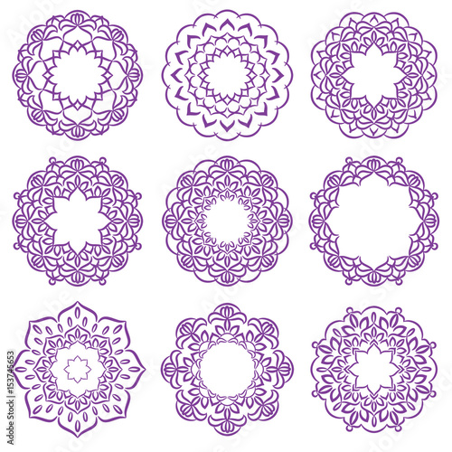 Set of flower  mandala. Decorative element  can be used for greeting card, wedding invitation, yoga poster, coloring book. Hand drawn oriental ornament.